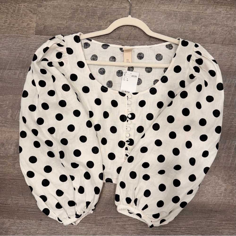 H&M Mara Hoffman Style Linen Balloon Sleeve Crop Blouse Size 8 - Picture 3 of 7